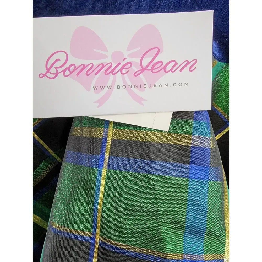 BONNIE JEAN Long Sleeved Velvet Bodice Dress Girl's 5 Navy/ Green w/ Bow - Picture 14 of 15